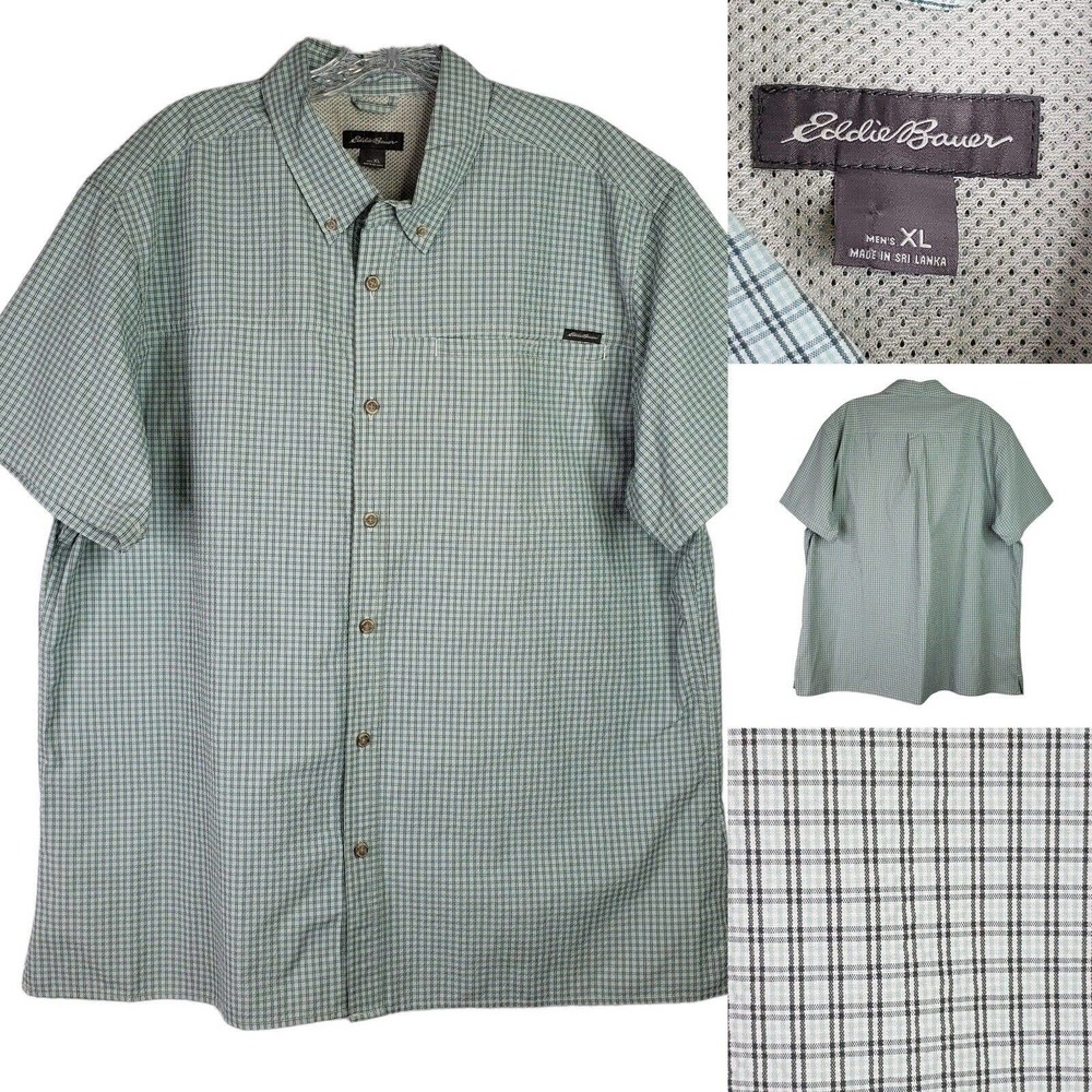 Eddie Bauer SS Shirt Button Down Plaid Green Pocket Mens XL Mesh